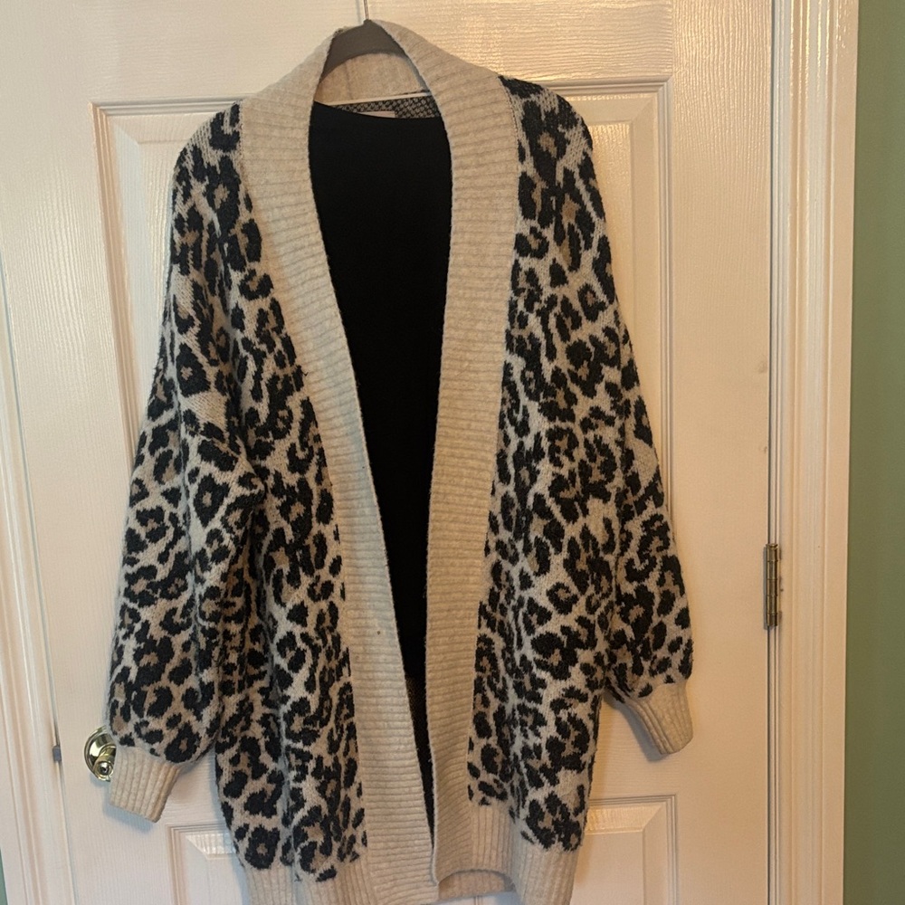 LOFT Animal Print Cardigan in Black and Cream